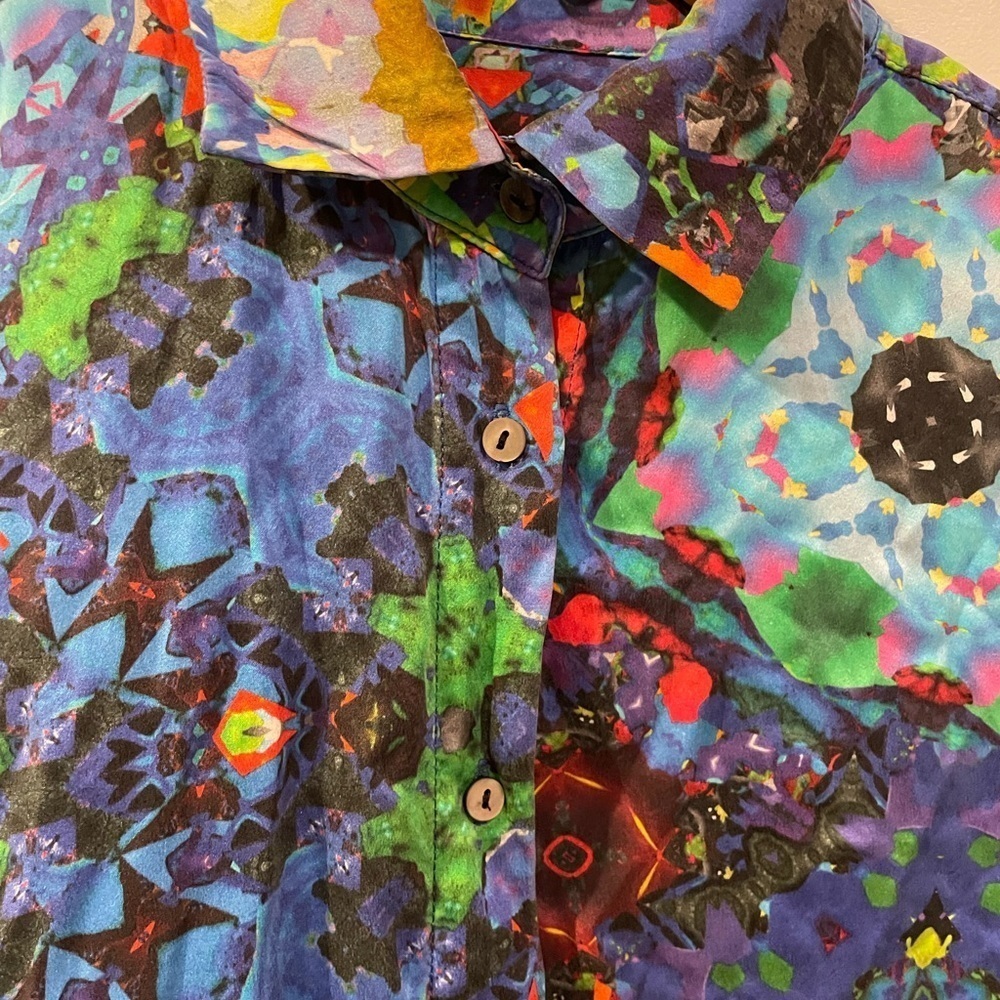 Multicolor Abstract Pattern Silk Button Down Shirt - Picture 6 of 8